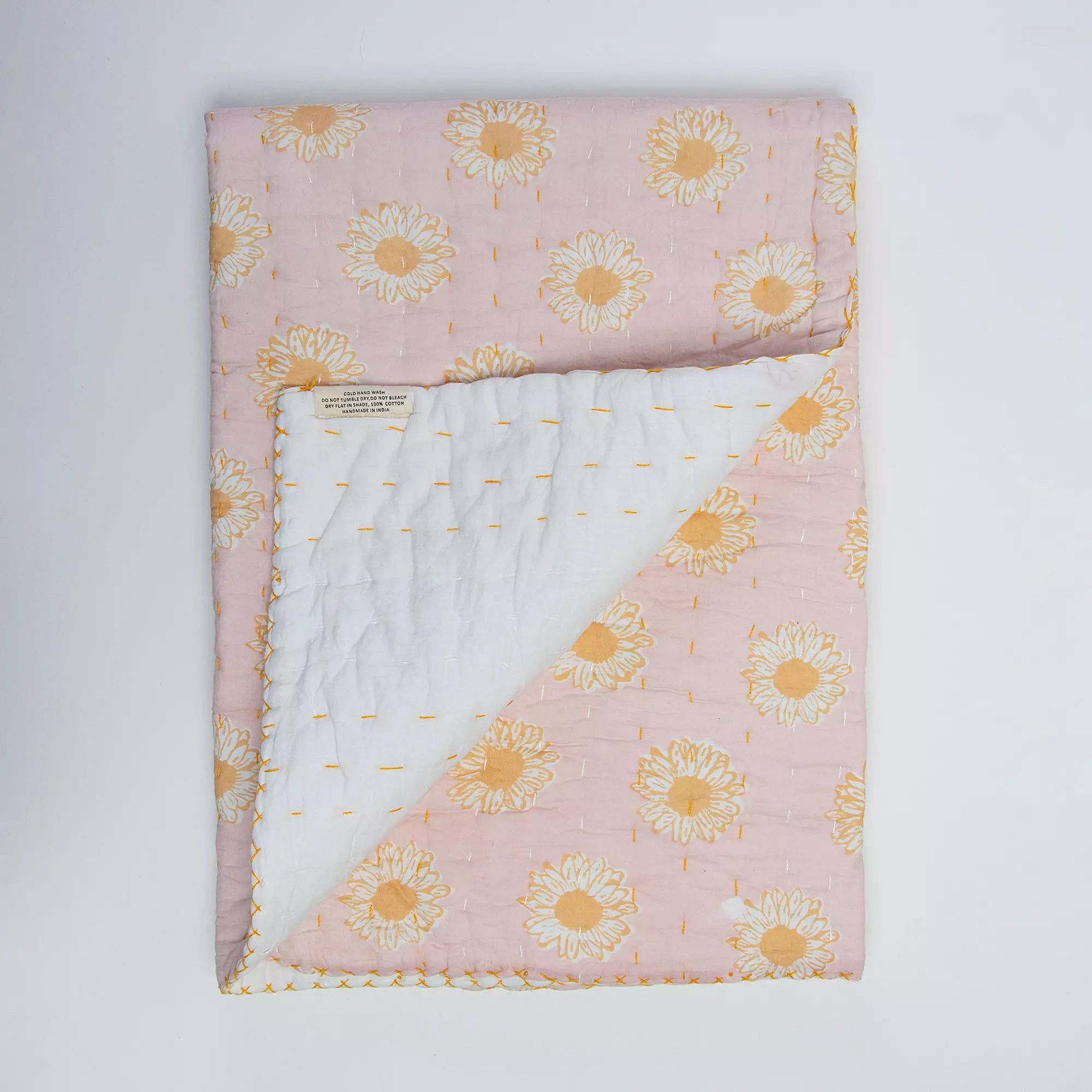 Natural Floral Cotton Hand Block Print Kantha Baby Quilt 089